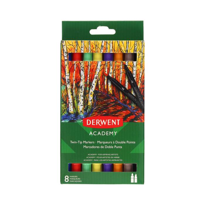 Marker dwustronny 8kol brush/fine Derwent Academy 98206 DE0024 01