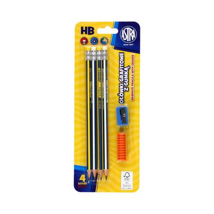 Ołówki z gumką + temperówka i nakładka Astra - opak. 4szt. AZ0114 01
