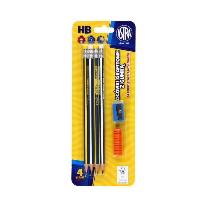 Ołówki z gumką + temperówka i nakładka Astra - opak. 4szt. AZ0114 01