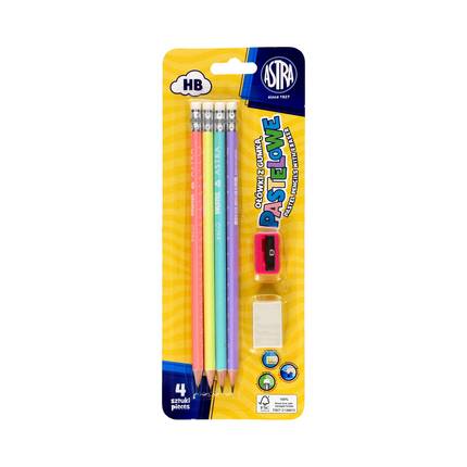 Ołówki grafitowe HB z gumką pastelowe 4 szt. + gumka + tempówka Astra AZ0263 01