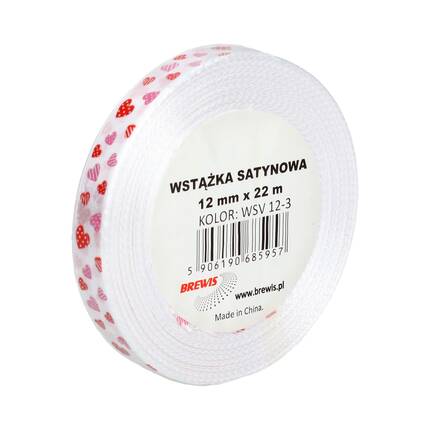 Wstążka satynowa 12mmx22m serca biała Brewis 3 VB8823 01