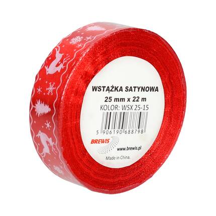 Wstążka satynowa 25mmx22m moyw święta czerwono/biała Brewis VB8978 01