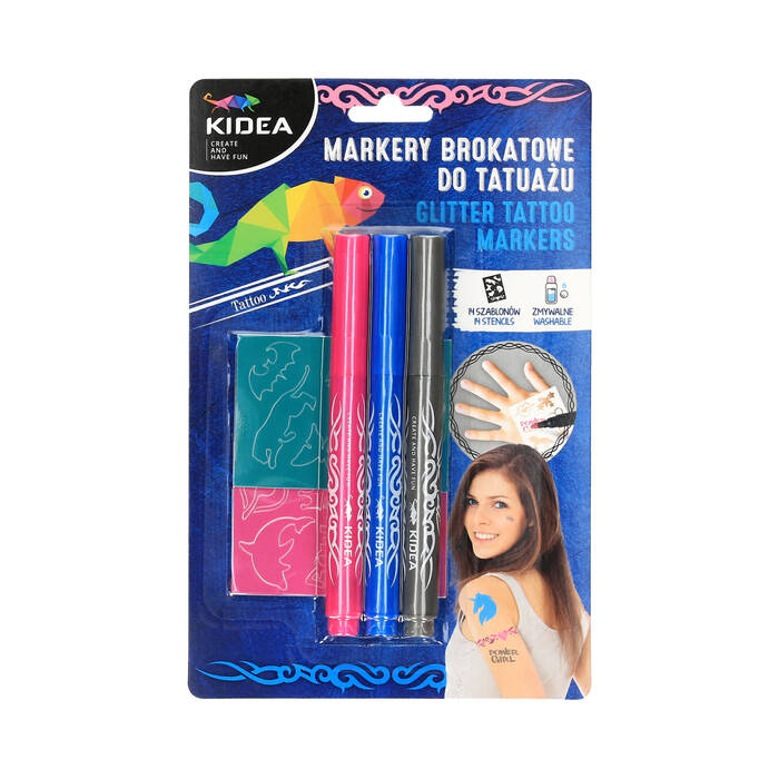 Markery brokatowe do tatuażu 3kol + szablony Kidea VD0440 01