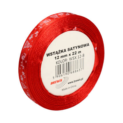 Wstążka satynowa 12mmx22m z motywem świąt/choinki czerwona Brewis VB9314 01