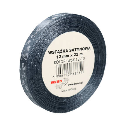 Wstążka satynowa 12mmx22m z motywem świąt/choinki szara Brewis VB9316 01