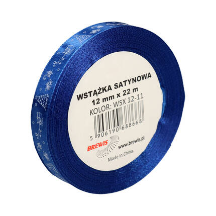 Wstążka satynowa 12mmx22m z motywem świąt/choinki niebieska Brewis VB9317 01