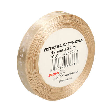 Wstążka satynowa 12mmx22m z motywem świąt/choinki beżowa Brewis VB9318 01