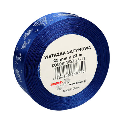 Wstążka satynowa 25mmx22m z motywem świąt/ choinki niebieska Brewis VB9323 01