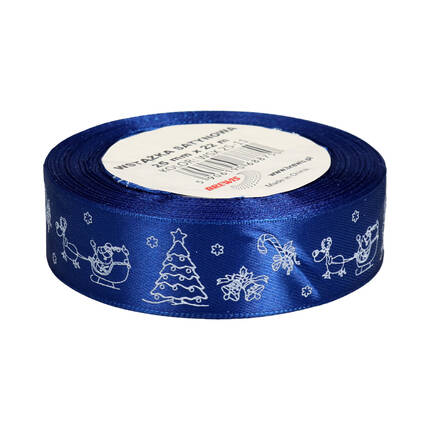 Wstążka satynowa 25mmx22m z motywem świąt/ choinki niebieska Brewis VB9323 02