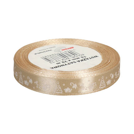 Wstążka satynowa 12mmx22m z motywem świąt/choinki beżowa Brewis VB9318 02