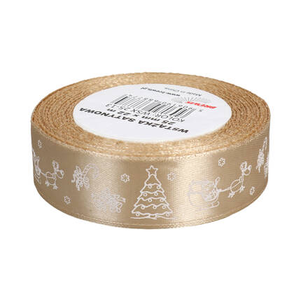 Wstążka satynowa 25mmx22m z motywem świąt/ choinki beżowa Brewis VB9324 02