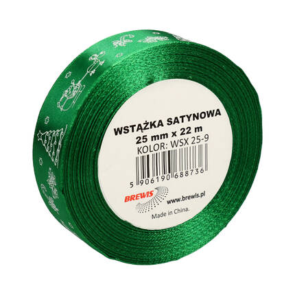 Wstążka satynowa 25mmx22m z motywem świąt/choinki zielona Brewis VB9321 01