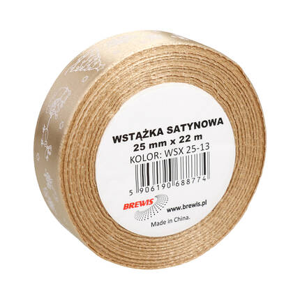 Wstążka satynowa 25mmx22m z motywem świąt/ choinki beżowa Brewis VB9324 01