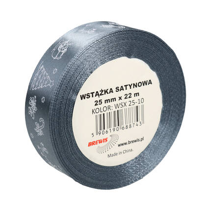 Wstążka satynowa 25mmx22m z motywem świąt/ choinki szara Brewis VB9322 01