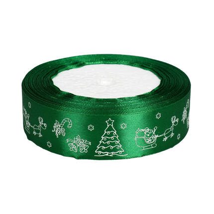 Wstążka satynowa 25mmx22m z motywem świąt/choinki zielona Brewis VB9321 02