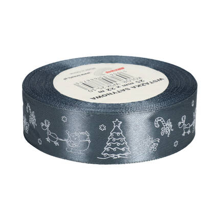 Wstążka satynowa 25mmx22m z motywem świąt/ choinki szara Brewis VB9322 02
